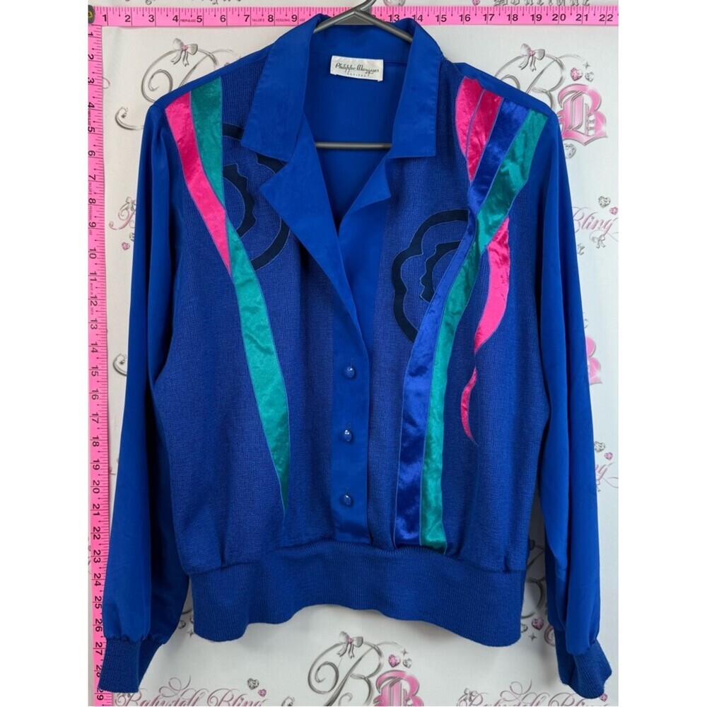 Philippe marques cardigan Blue Vintage Button-Up Top with Pink & Teal Accents